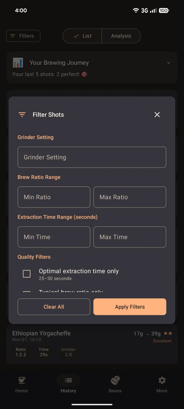 Filter shots sheet with grinder setting, brew ratio range, extraction time range and an option for optimal extraction time only, 25 to 30 seconds.