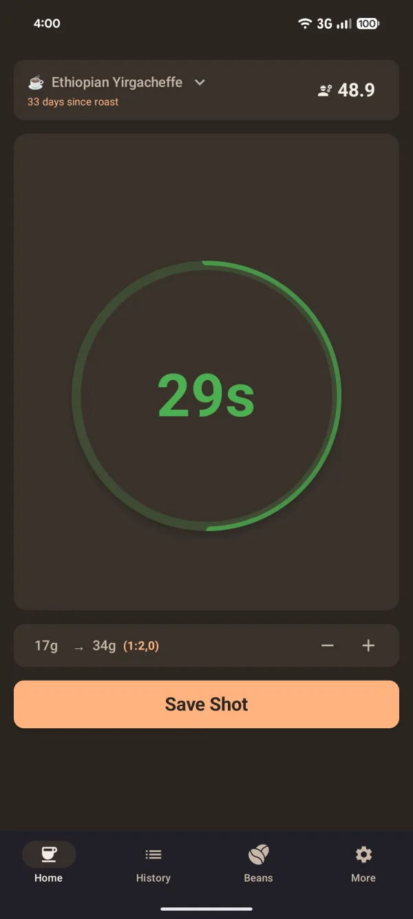 Timer screen with the bean Ethiopian Yirgacheffe selected, 33 days since roast, grinder setting 48.9, a green ring at 29 seconds and 17 g to 34 g.