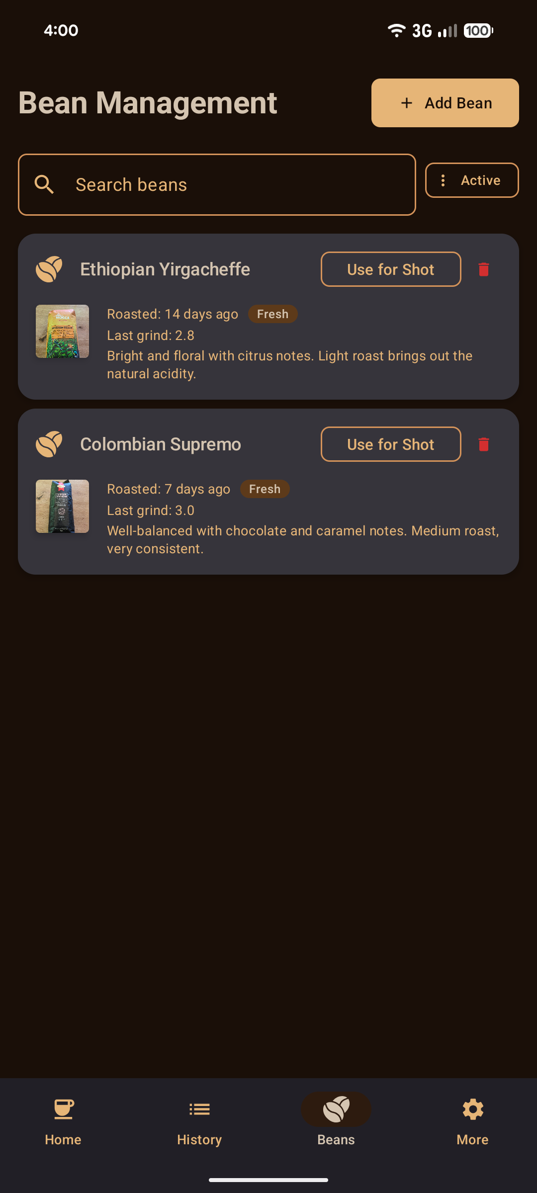 Coffee Shot Timer - Bean Management