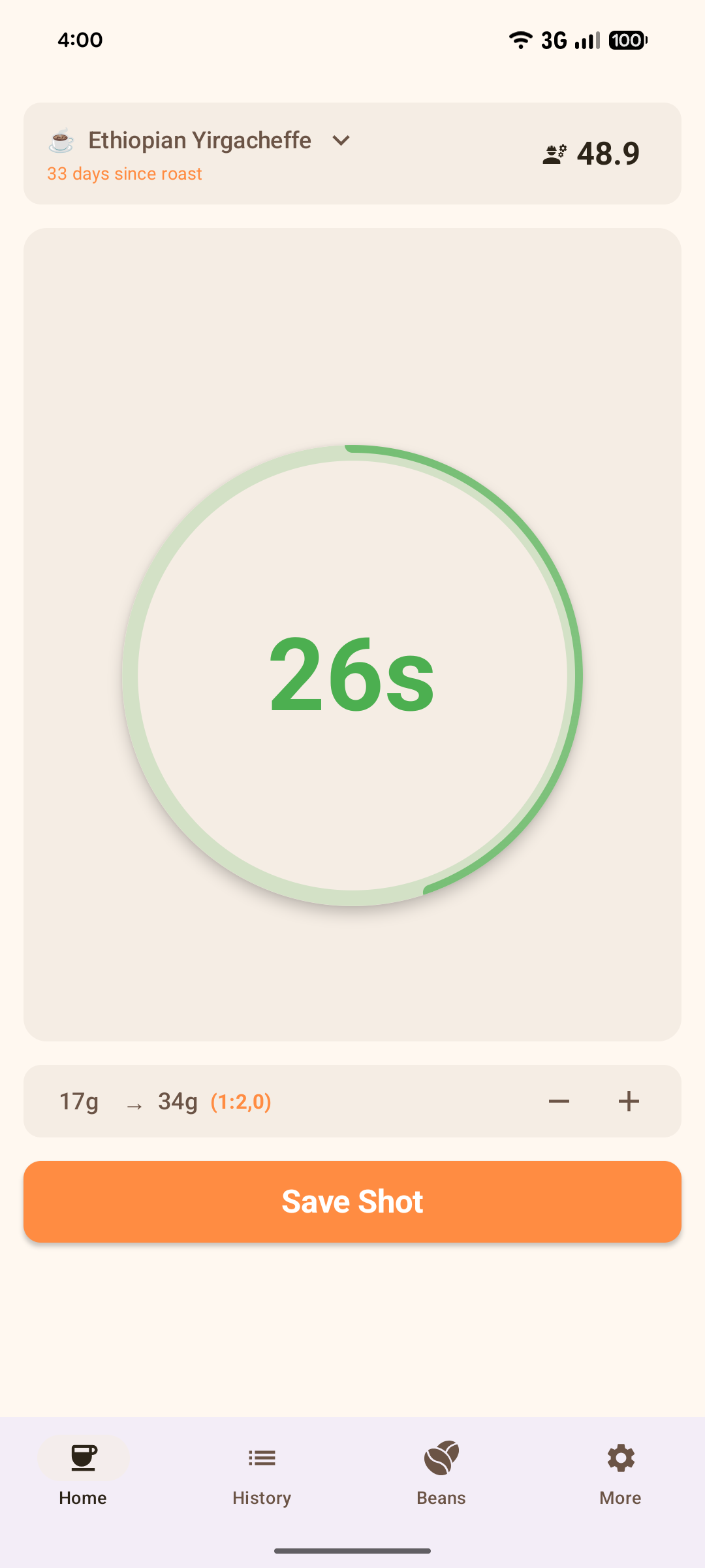 Coffee Shot Timer - Main Timer Interface